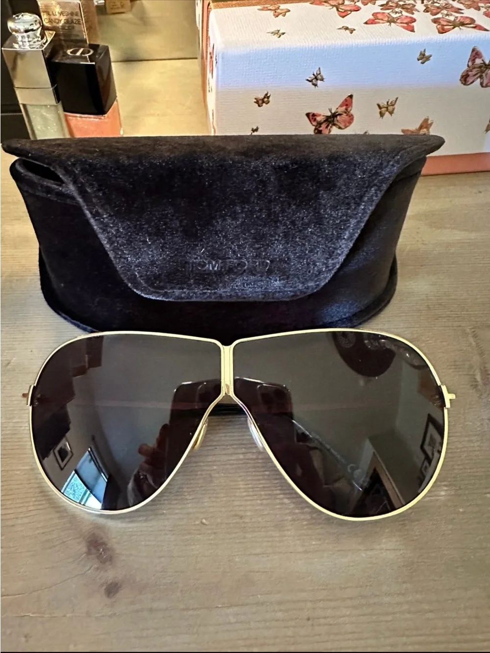 Tom Ford Women's Gold Frame Black Lens Aviator Sunglasses with Case